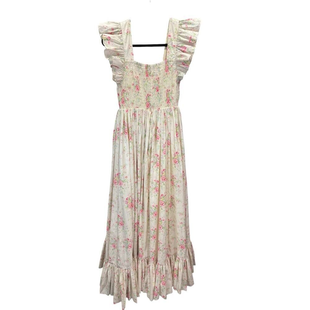 Anthropologie Cream Maxi Dress with Pink Floral Ruffle Sleeves - Picture 7 of 11